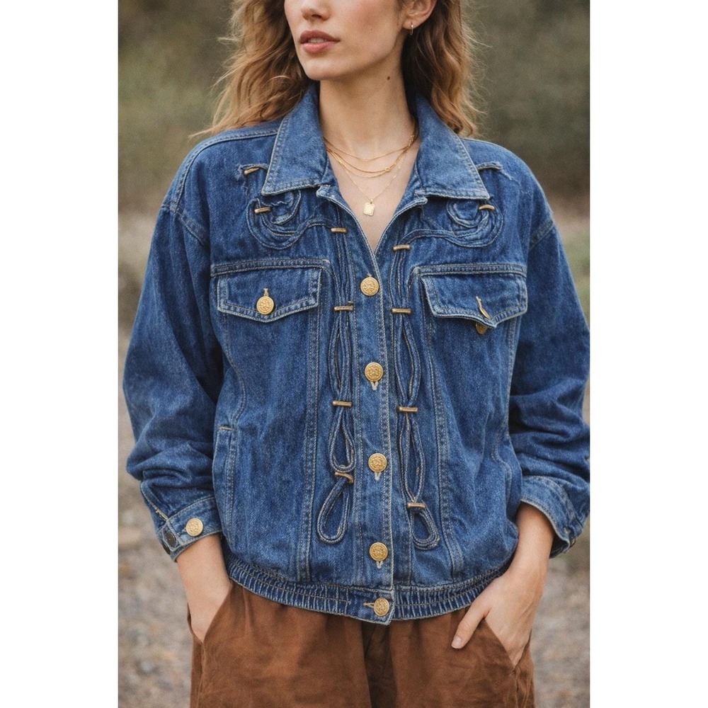 Saint Germain Paris Vintage Denim Jacket Blue Gold Button Cord Detail Petite P